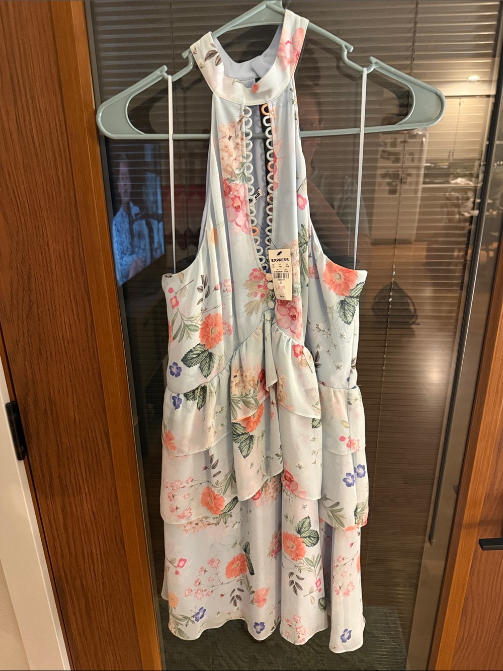 Express Light Blue Floral Tiered Halter Mini Dress with Pink & Green Accents